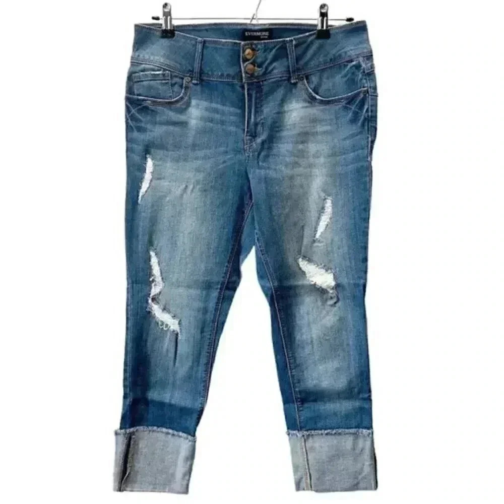 Evermore High Rise Distressed Capri Crop Jeans Cuffed Stretch Denim Blue Size 30